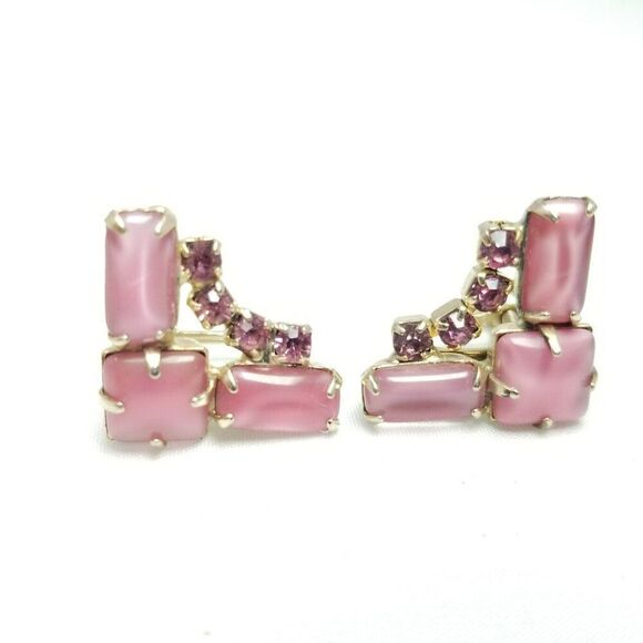 Vintage Pink Rhinestone Clip On Screw Back Earrings, Milky Opaque, 60s 70s - Picture 6 of 6
